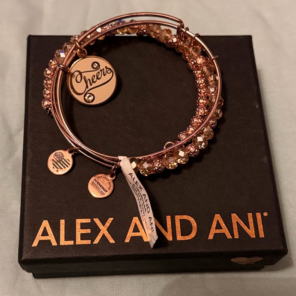 NEW SET Alex and Ani Cheers Charm Bracelet Rose Gold GIFT BOX CHAMPAGNE BEAD NWT - Picture 2 of 12